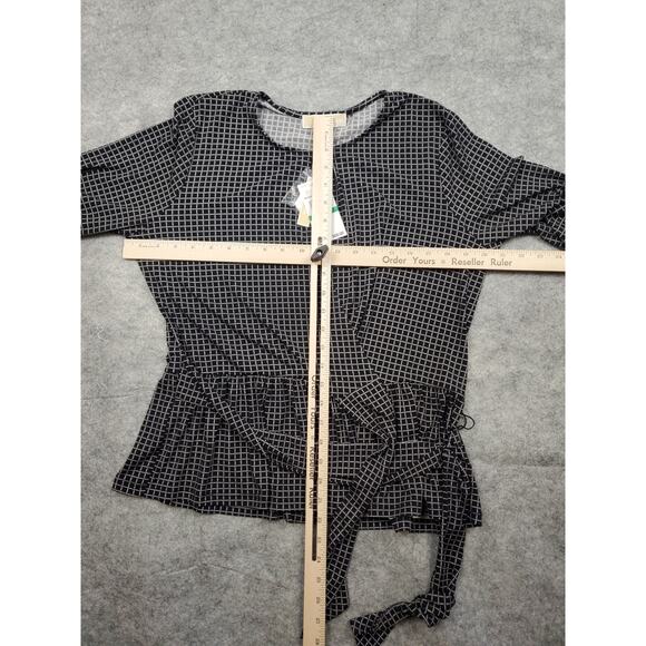NWT Michael Kors Womens Large Black Ruffled Printed Long Sleeve Keyhole Wrap Top - Picture 6 of 12